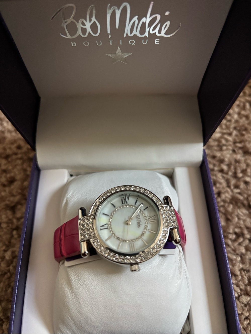 Bob Mackie Pink Leather Strap Women's Crystal Watch